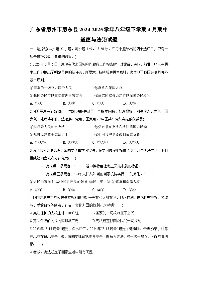 广东省惠州市惠东县2024-2025学年八年级下学期4月期中道德与法治试题第1页