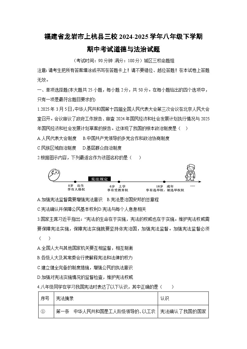 福建省龙岩市上杭县三校2024-2025学年八年级下学期期中考试道德与法治试题第1页
