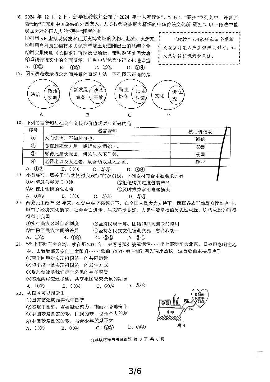 福建省泉州市惠安县2024-2025学年九年级上学期1月期末道德与法治试题第3页