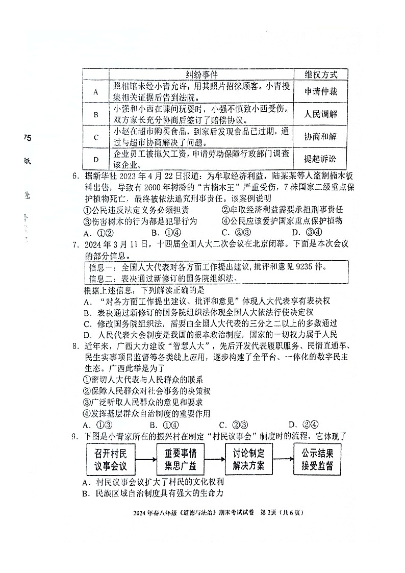 2023-2024年河池市宜州区八年级下册期考道德与法治试卷第2页