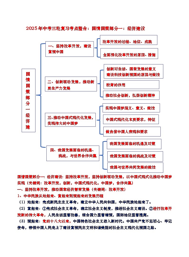 国情国策部分一：经济建设-2025年中考道德与法治三轮复习课本考点整合和答题模板 讲练第1页