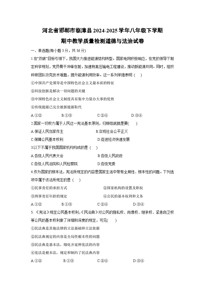 河北省邯郸市临漳县2024-2025学年八年级下学期期中教学质量检测道德与法治试卷第1页