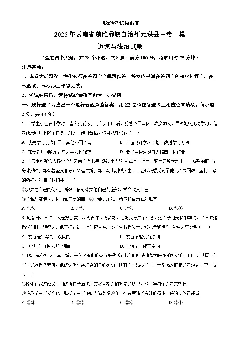 2025年云南省楚雄彝族自治州元谋县中考一模道德与法治试题（中考模拟）第1页