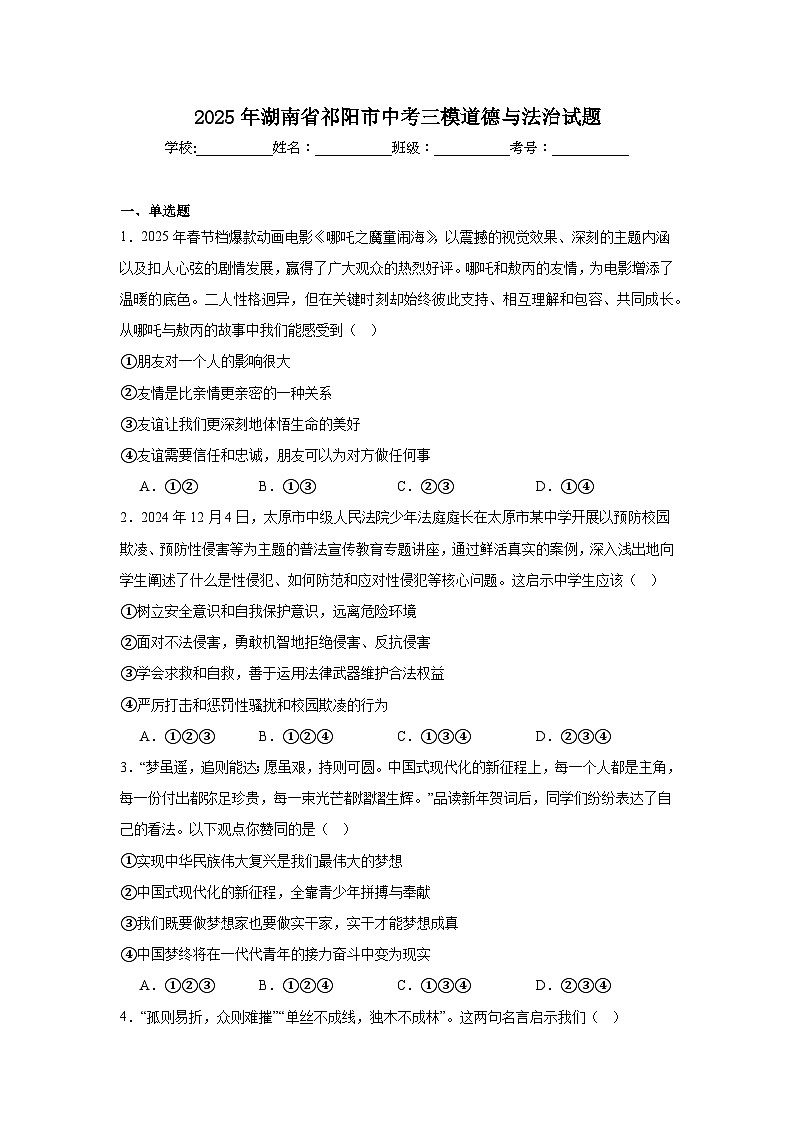 2025年湖南省祁阳市中考三模道德与法治试题（附答案解析）第1页