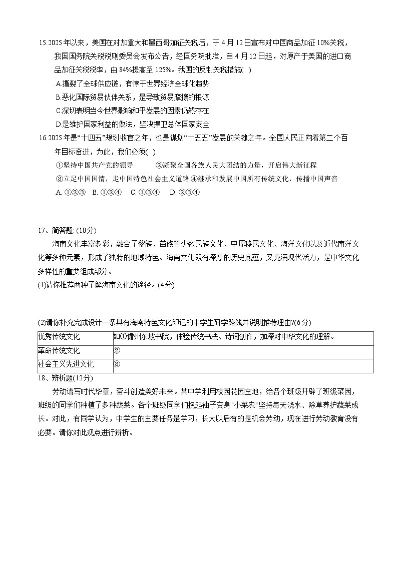 2025年海南省临高县中考二模道德与法治试题（中考模拟）第3页
