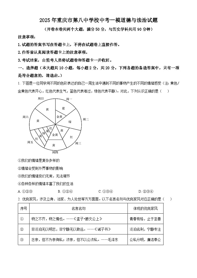2025年重庆市第八中学校中考一模道德与法治试题（原卷版）第1页
