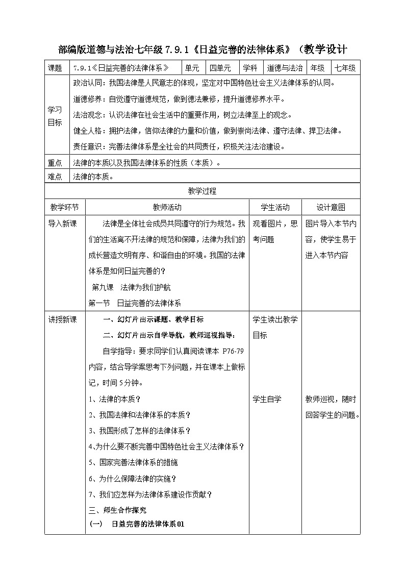 7.9.1《日益完善的法律体系》（教学设计（核心素养目标）1第1页