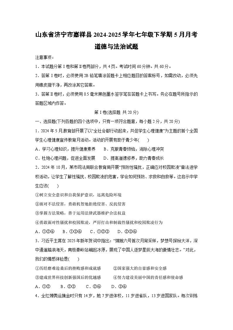 山东省济宁市嘉祥县2024-2025学年七年级下学期5月月考道德与法治试卷第1页