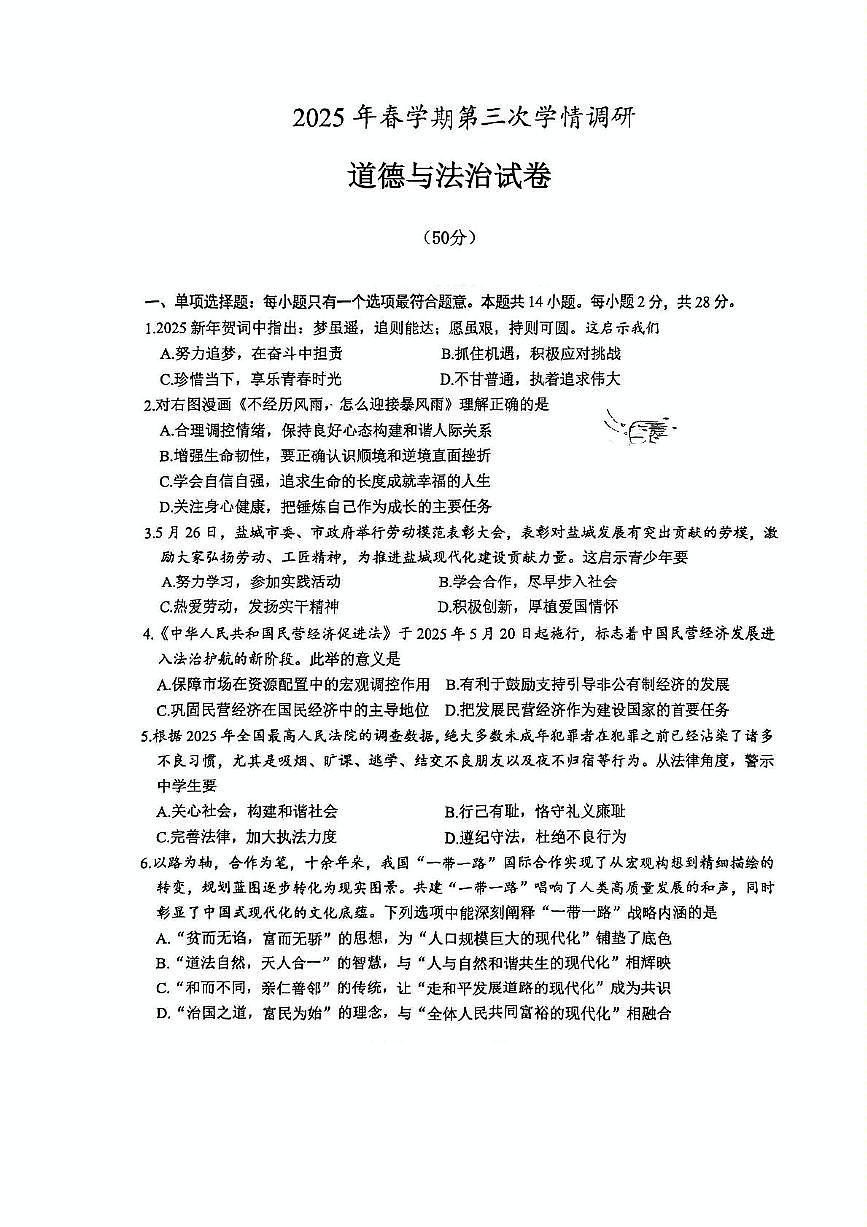 2025年江苏省盐城市盐都区中考三模道德与法治试题（中考模拟）第1页