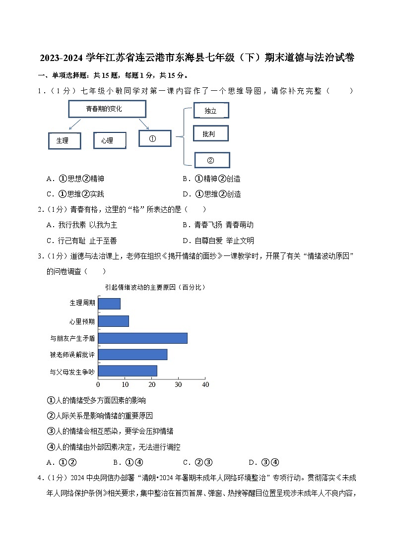 江苏省连云港市东海县+2023-2024学年七年级下学期期末道德与法治试卷第1页
