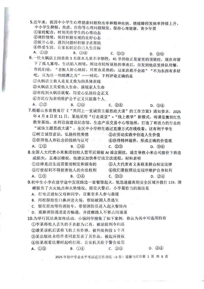 2025年山东省临沂市罗庄区中考二模道德与法治试题(B卷)（中考模拟）第2页