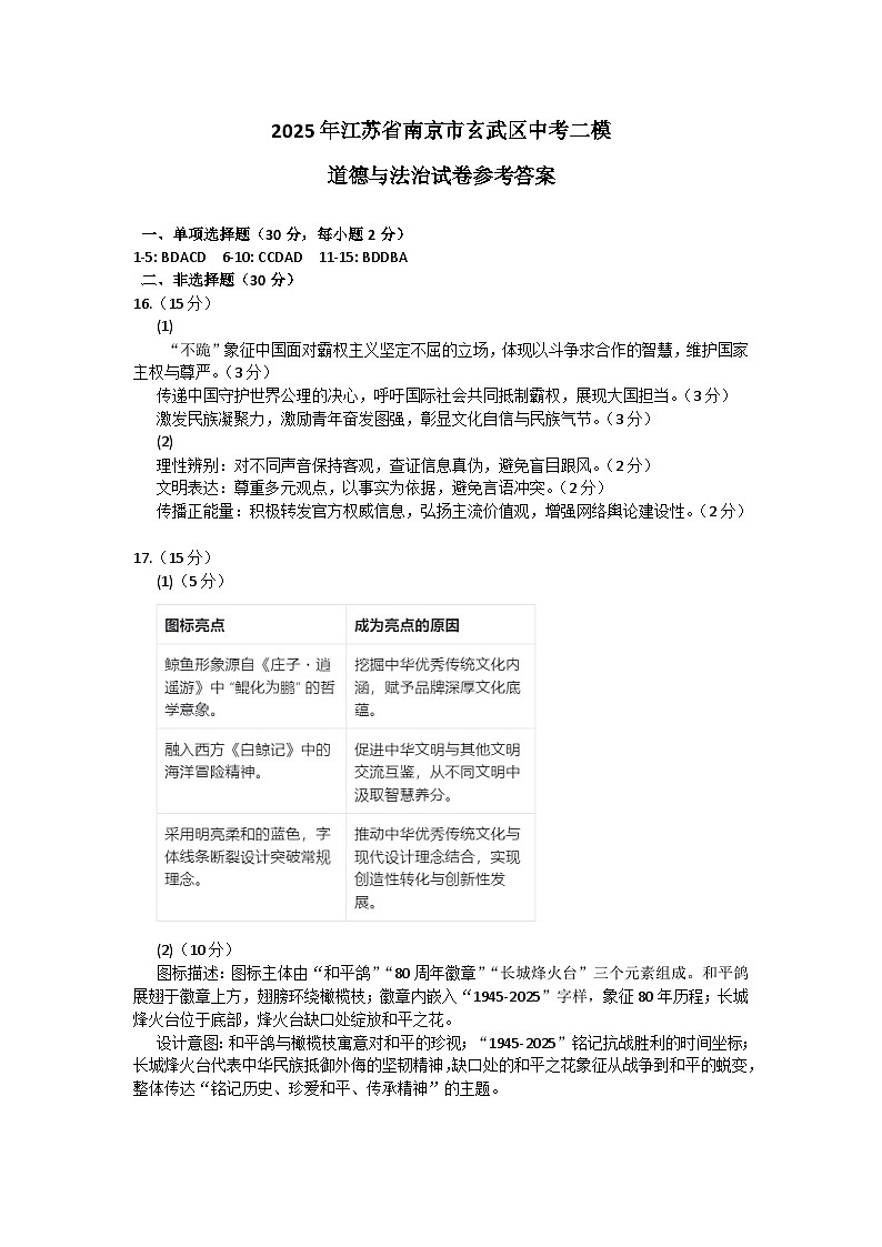 2025年江苏省南京市玄武区中考二模道德与法治试卷参考答案第1页
