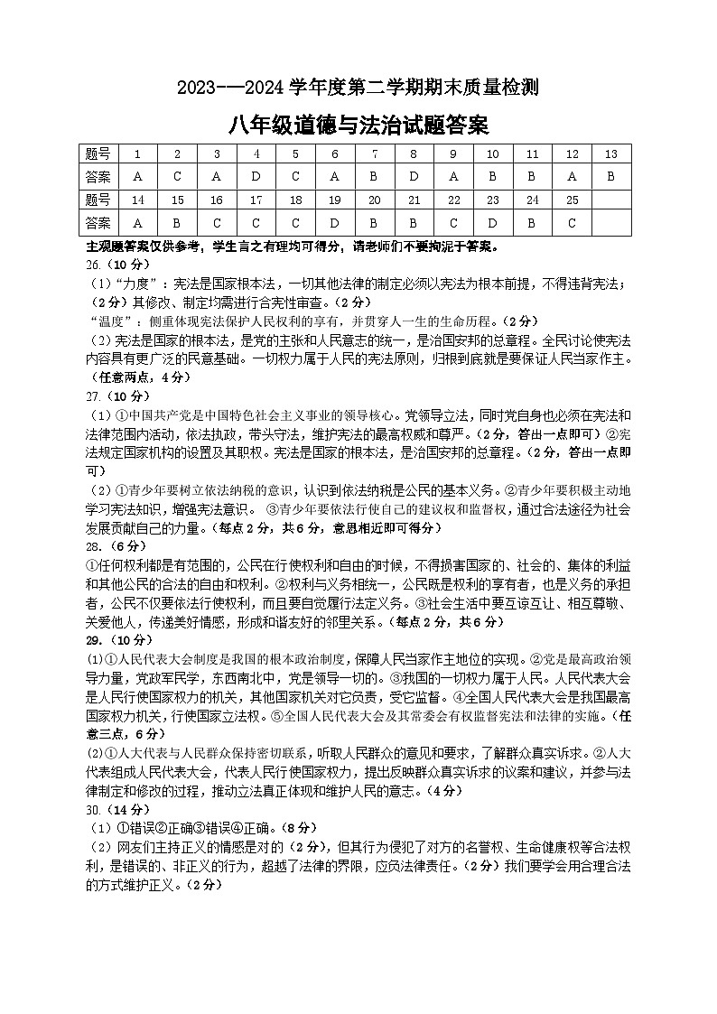 河北省保定市定州市2023-2024学年八年级下学期期末道德与法治试题答案第1页