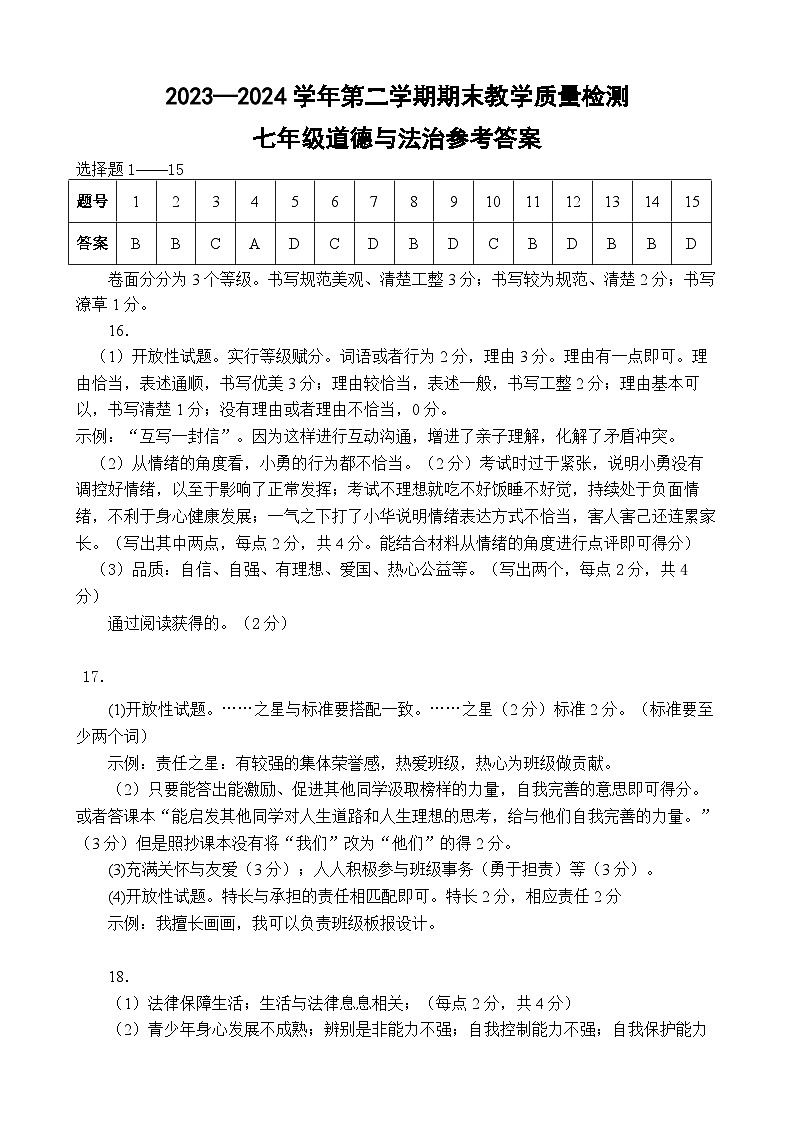 2024.7七年级道德与法治试题答案第1页