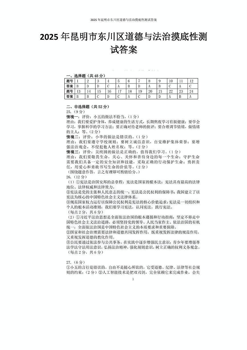 2025年昆明市东川区道德与法治摸底性测试 2025年昆明市东川区道德与法治摸底性测试答案第1页