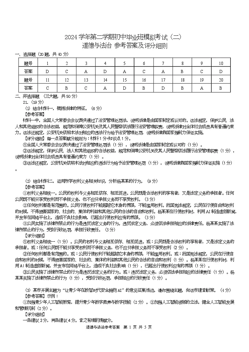 2024-2025学年第二学期初中毕业班模拟考试（二）道德与法治参考答案及评分细则6.7(1)第1页