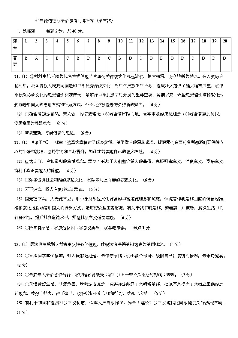 陕西省商洛市商南县丹南三校期末模拟联考2024-2025学年七年级下学期6月期末道法试题 七年级道德与法治参考月考答案（三）第1页