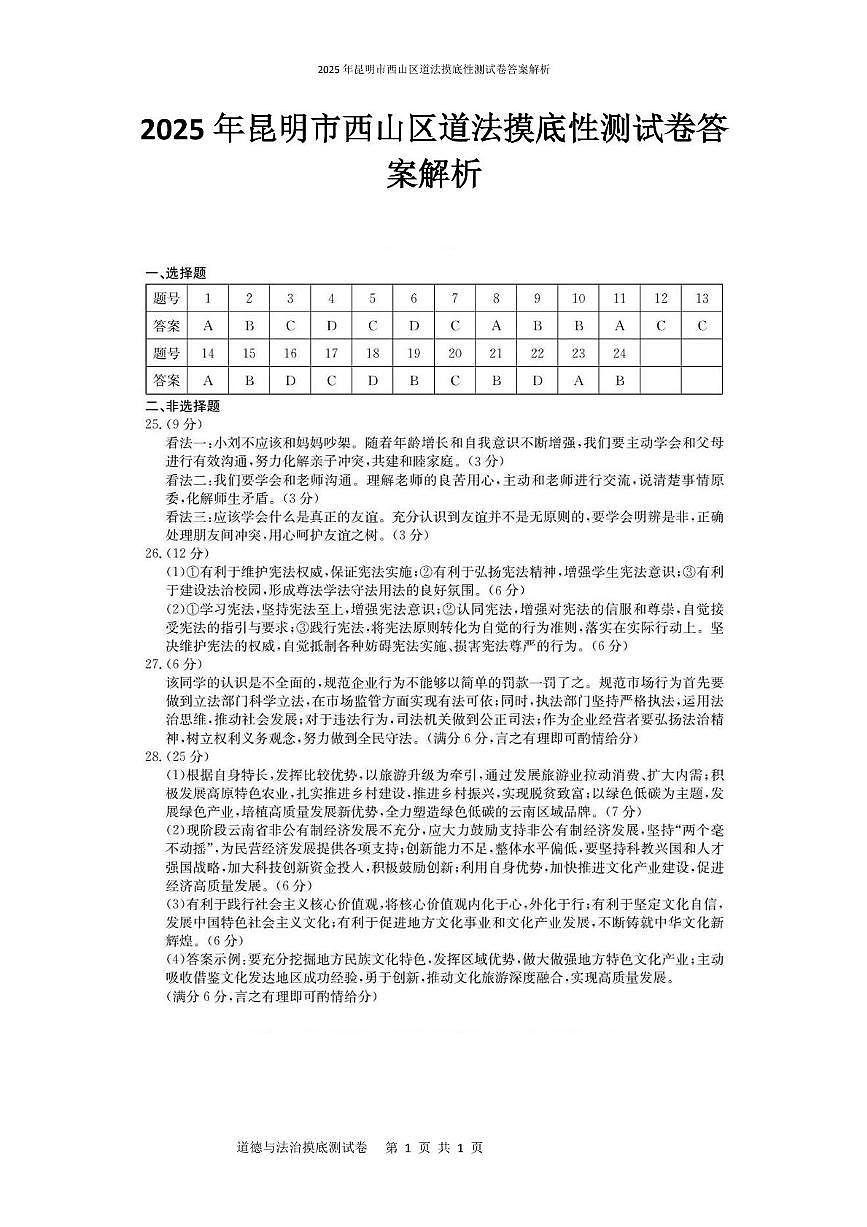 2025年昆明市西山区道法摸底性测试卷（附带答案解析） 2025年昆明市西山区道法摸底性测试卷答案解析第1页