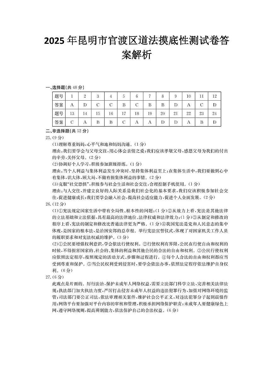 2025年昆明市官渡区道法摸底性测试卷（附答案解析） 2025年昆明市官渡区道法摸底性测试卷答案解析第1页