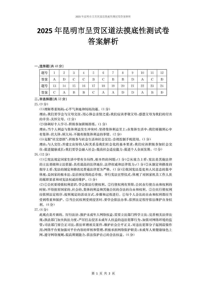 2025年昆明市呈贡区道法摸底性测试卷（附答案解析） 2025年昆明市呈贡区道法摸底性测试卷答案解析第1页