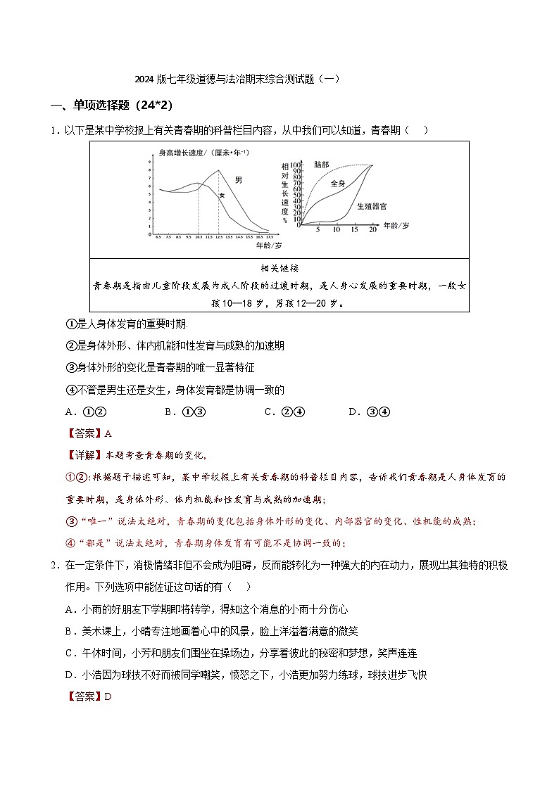 2024-2025学年七年级下册道德与法治期末综合测试卷（一）（解析版）第1页