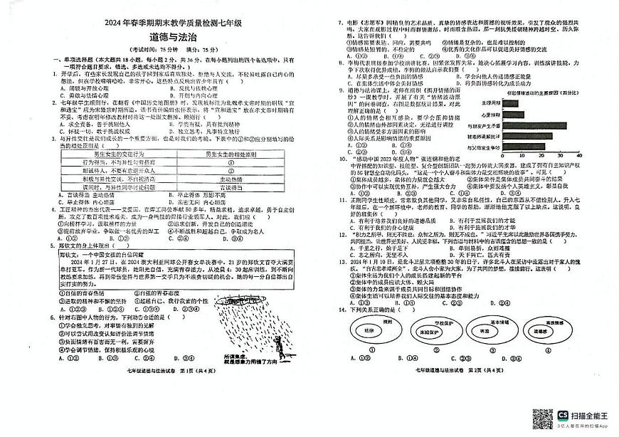 广西壮族自治区贵港市港北区 2023-2024学年七年级下学期期末教学质量检测道德与法治试卷第1页