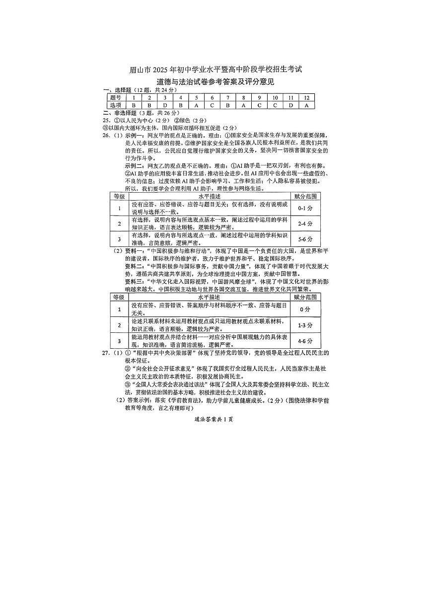 2025眉山市中考道德与法治（解析）(1)第1页