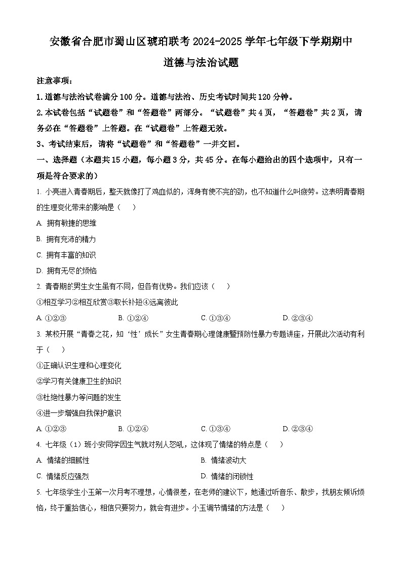 安徽省合肥市蜀山区琥珀联考2024-2025学年七年级下学期期中道德与法治试题第1页