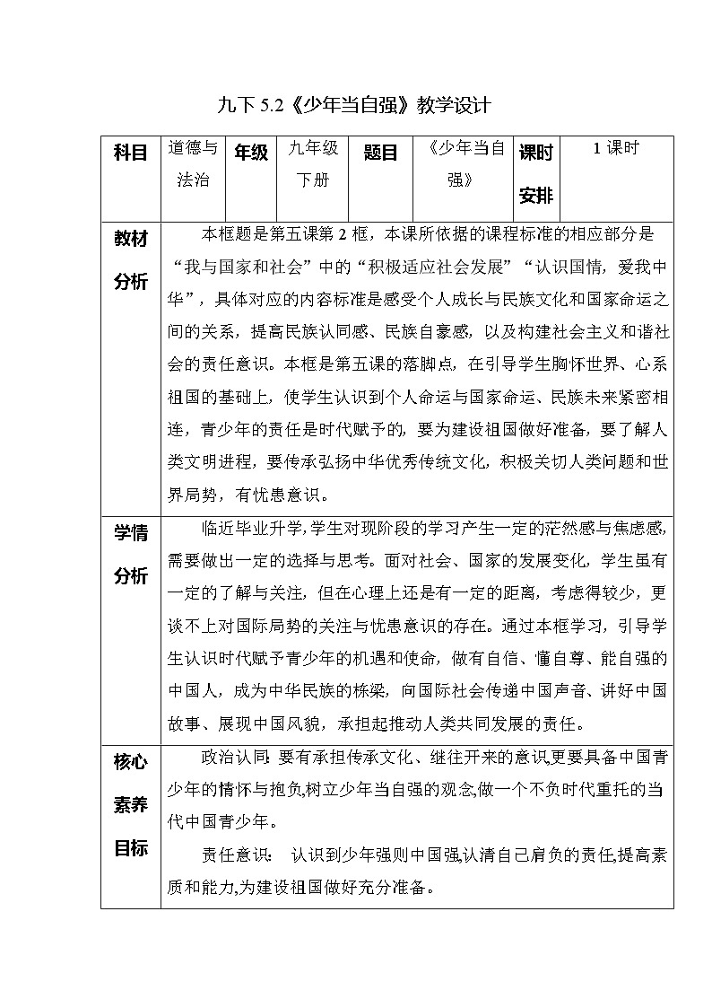 部编版2025道德与法治九年级下册5.2 少年当自强（教学设计）第1页