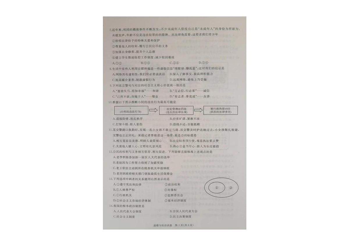 2024年黑龙江省牡丹江市初中学业水平考试第一次适应性考试道德与法治试卷第2页