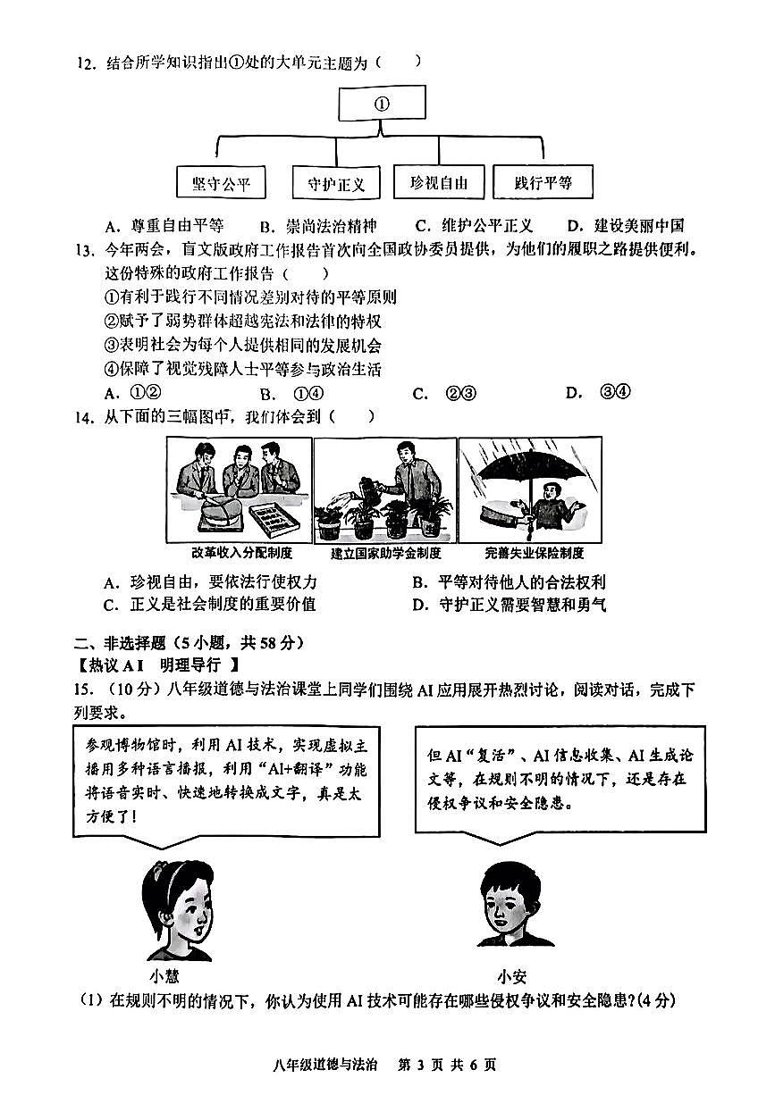 安徽省合肥市部分学道德与法治校2024-2025学年八年级下道德与法治期末试卷第3页