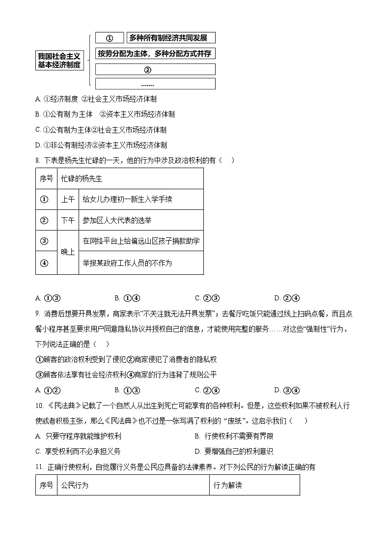 福建省龙岩漳平市2023-2024学年八年级下学期期末道德与法治试题（原卷版）第3页