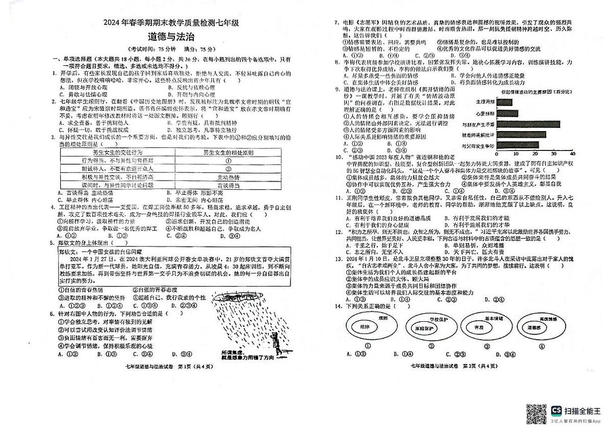 广西壮族自治区贵港市港北区2023-2024学年七年级下学期期末教学质量检测道德与法治试卷（PDF版，含答案）第1页