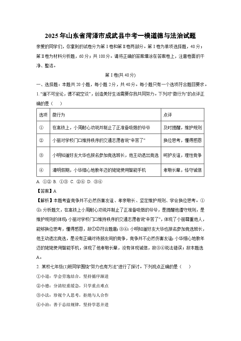 2025年山东省菏泽市成武县中考一模道德与法治试卷（解析版）第1页