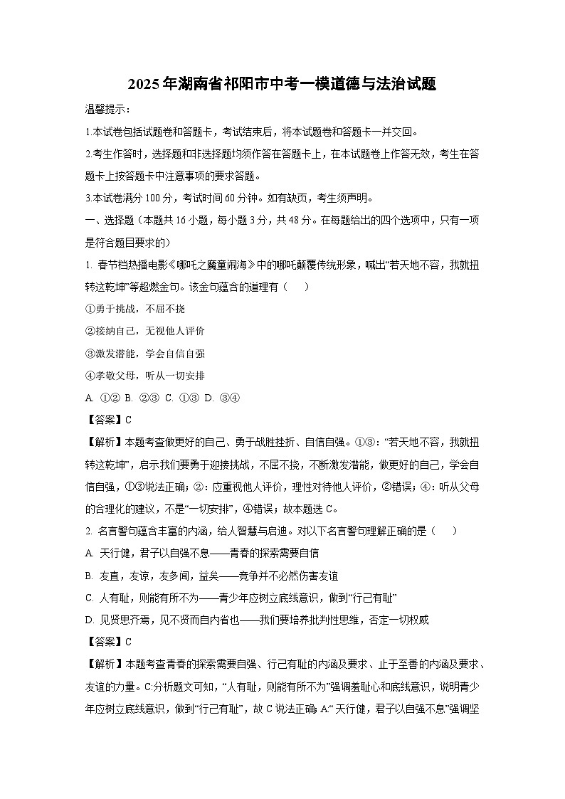 2025年湖南省祁阳市中考一模道德与法治试卷（解析版）第1页
