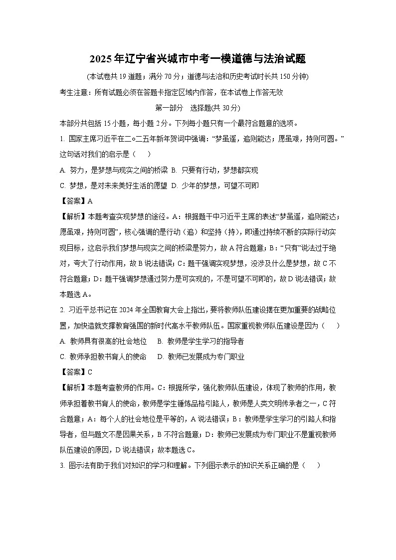 2025年辽宁省兴城市中考一模道德与法治试卷（解析版）第1页