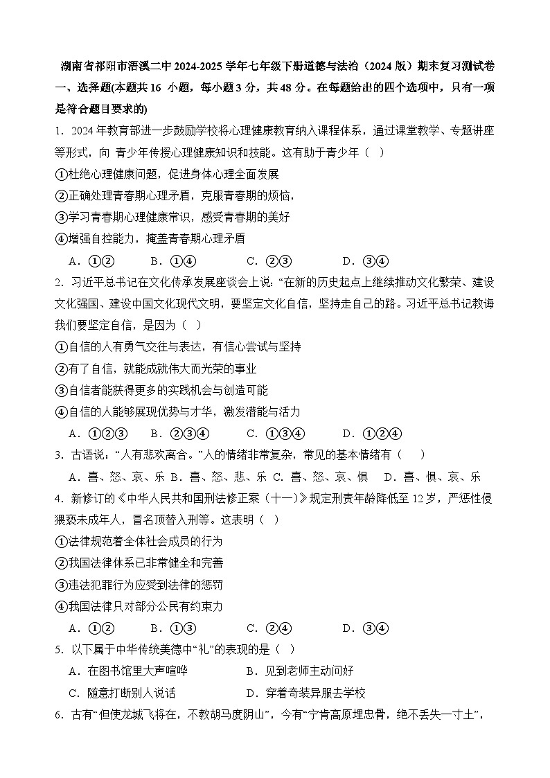 湖南省祁阳市浯溪第二中学2024-2025学年七年级下学期期末 道德与法治复习测试卷第1页