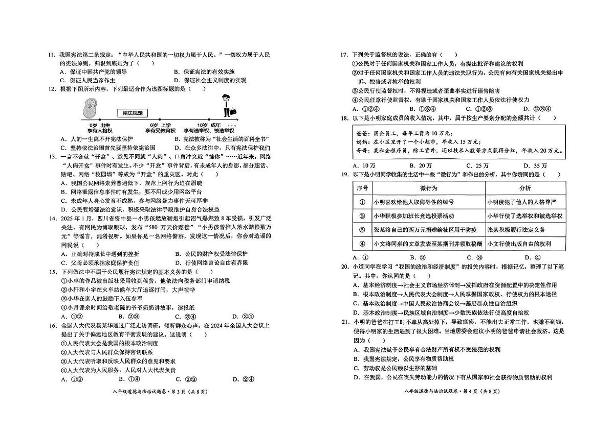 云南省昆明市西山区2024-2025学年第二学期八年级道德与法治期末试卷（无答案）第2页