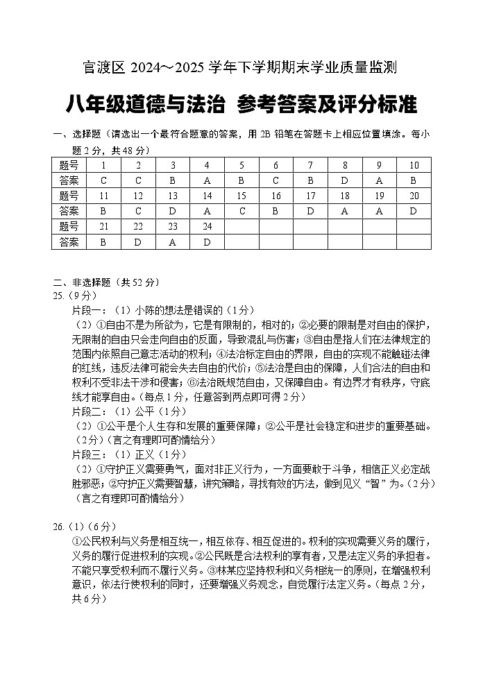 八年级道德与法治 参考答案第1页