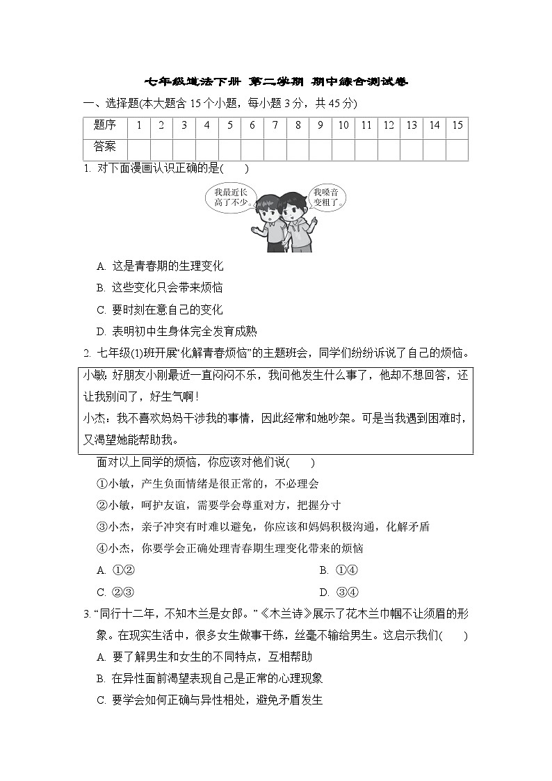七年级道法下册 第二学期 期中综合测试卷（人教山西版 2025年春）第1页