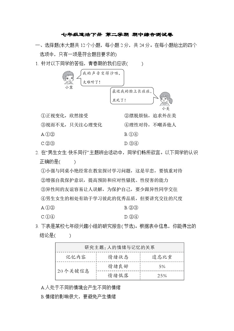七年级道法下册 第二学期 期中综合测试卷（人教河北版 2025年春）第1页