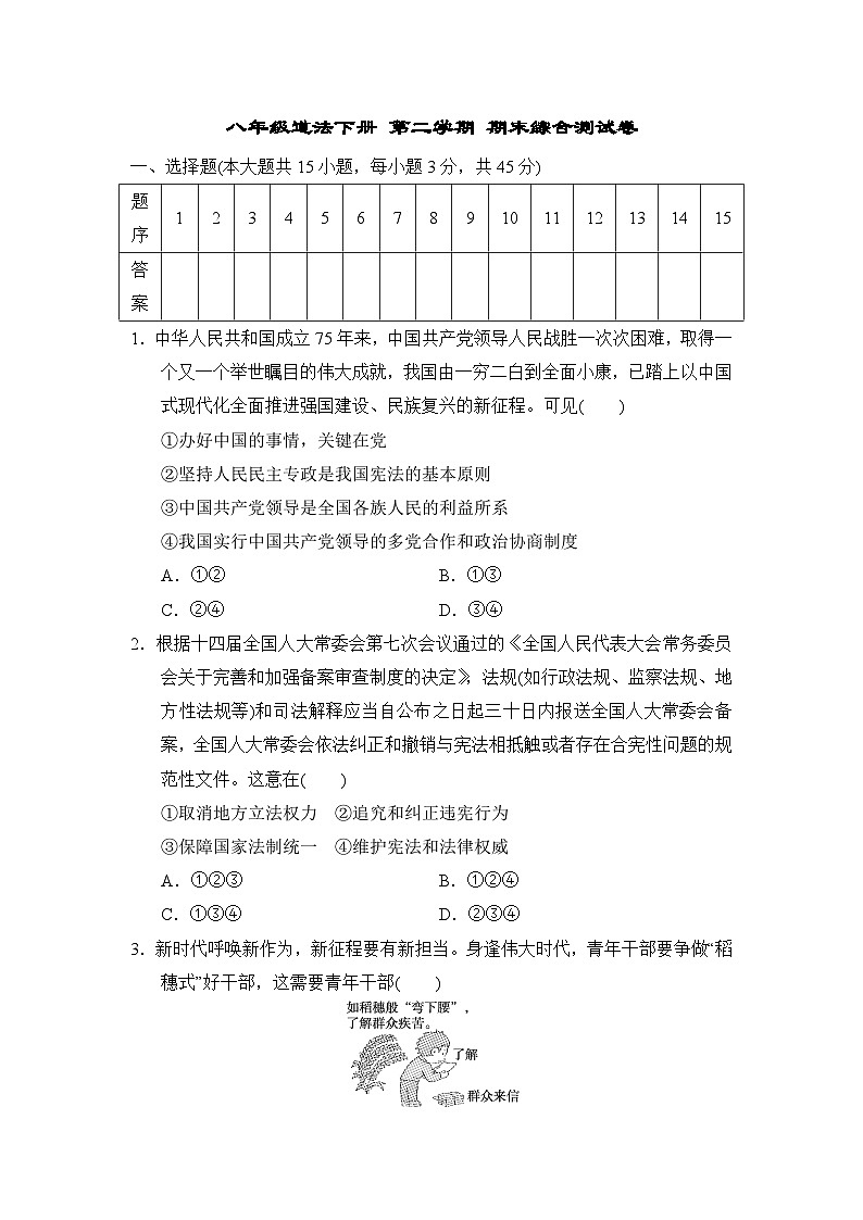八年级道法下册 第二学期 期末综合测试卷（人教山西版 2025年春）第1页