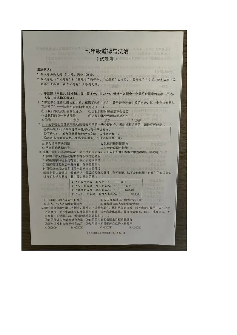 【7道期末】安徽省合肥市新站高新技术产业开发区2024-2025学年七年级下学期6月期末道德与法治试卷第1页