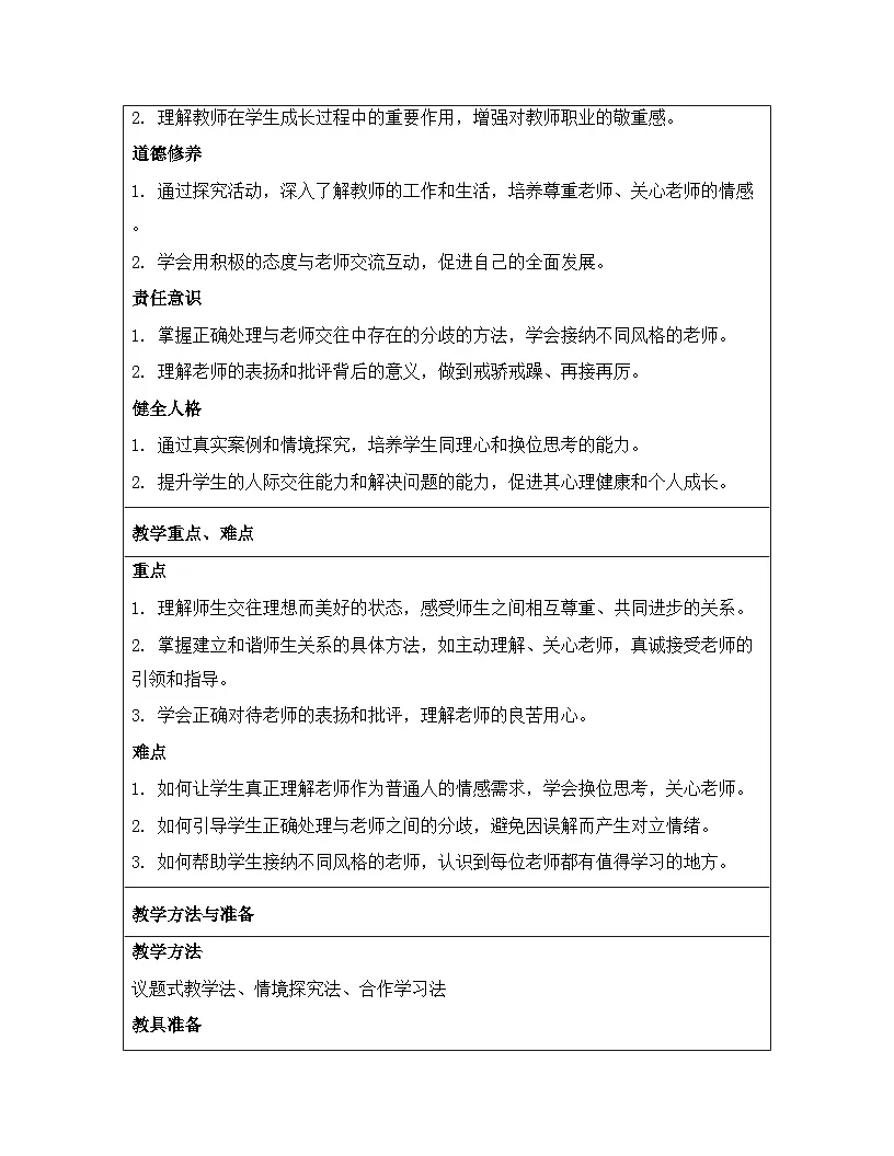 统编版（2024）七年级上册道德与法治《5.2 珍惜师生情谊》教案第2页