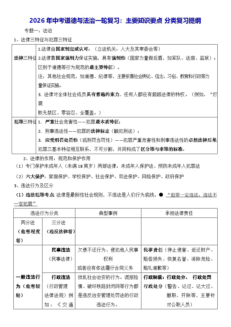 2026年中考道德与法治一轮复习：主要知识要点分类复习提纲 学案第1页