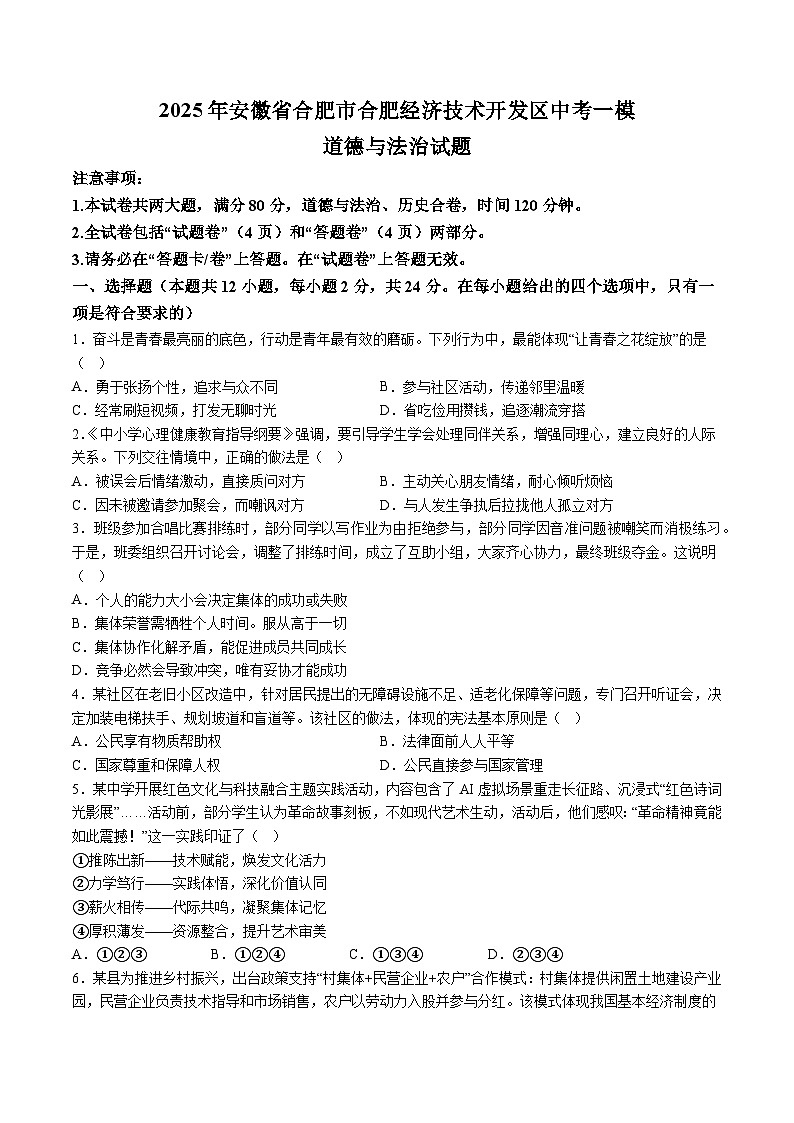 【9道一模】2025年安徽省合肥市合肥经济技术开发区中考一模道德与法治试题（含解析）第1页