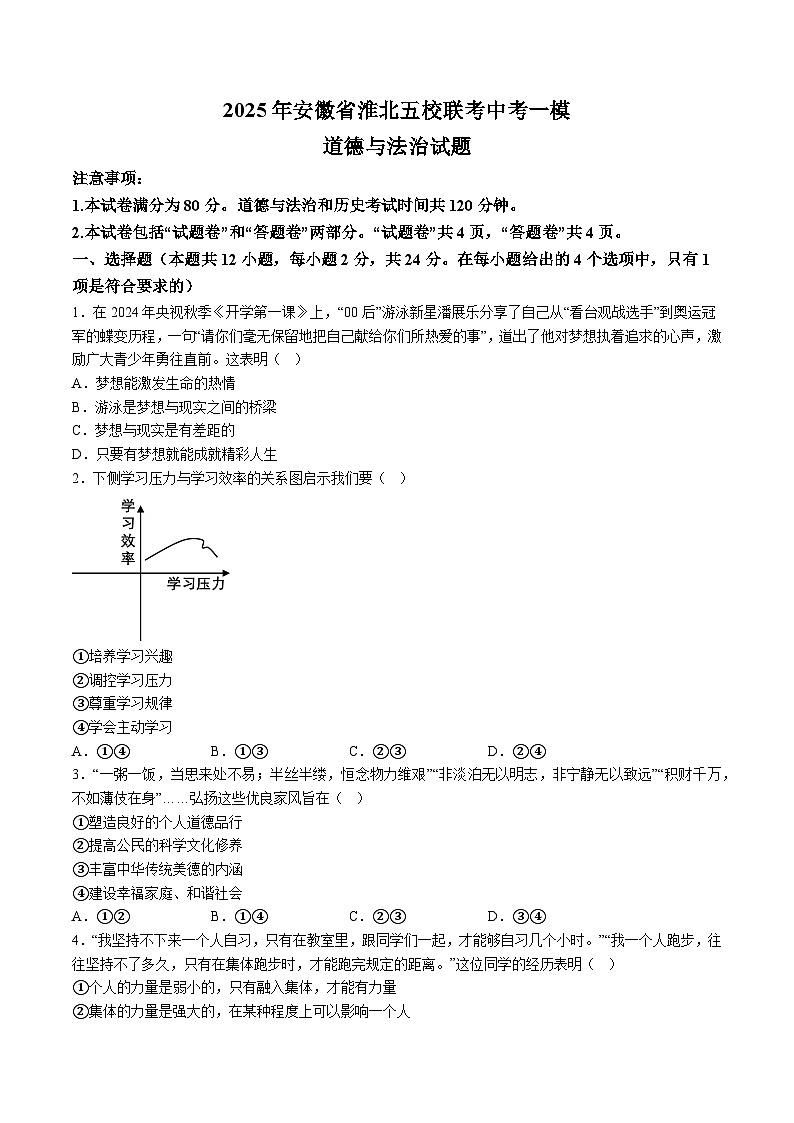 【9道一模】2025年安徽省淮北五校联考中考一模道德与法治试题（含解析）第1页