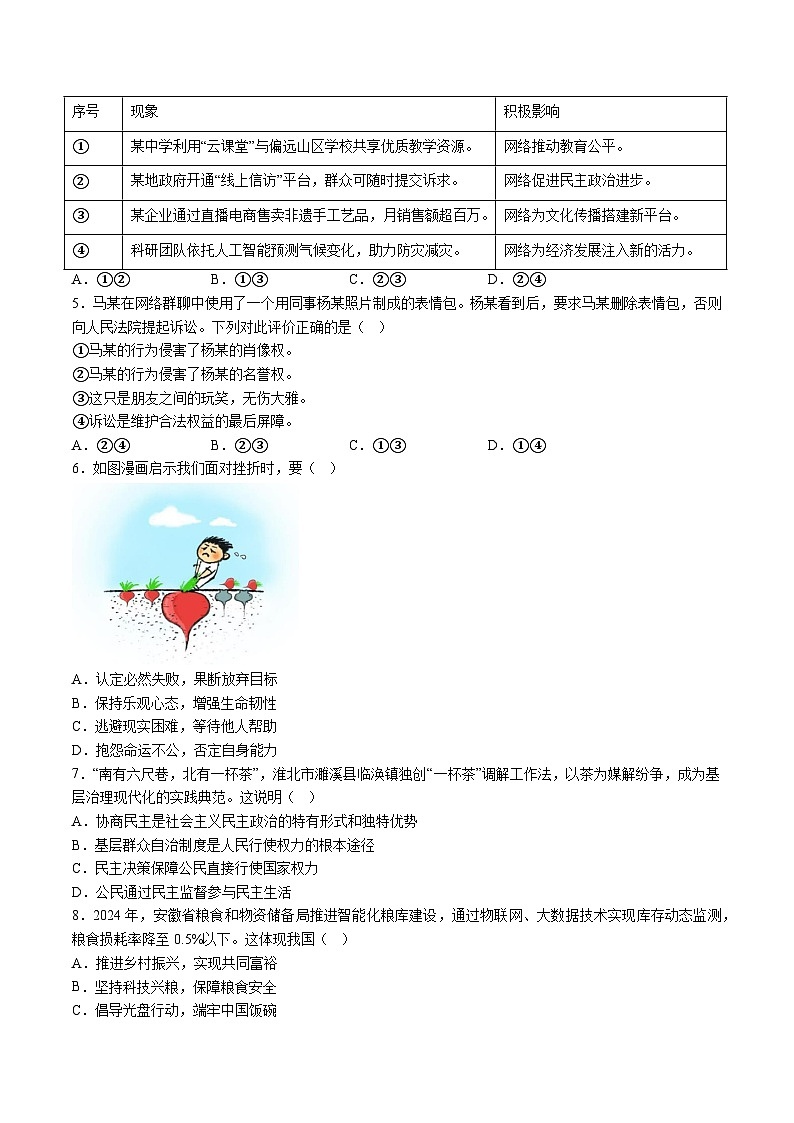 【9道一模】2025年安徽省铜陵市中考一模道德与法治试题（含解析）第2页