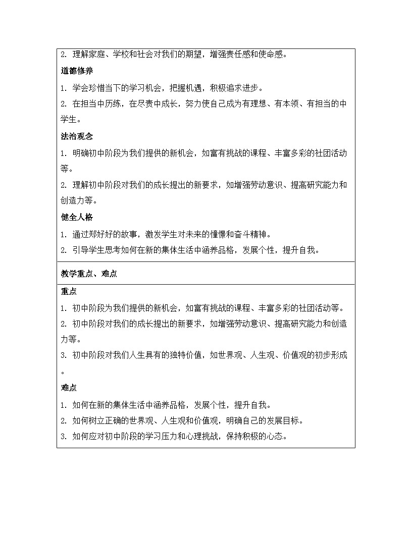 统编版（2024）七年级上册道德与法治第一单元 少年有梦 教案 （第1~3课共6课时）第2页