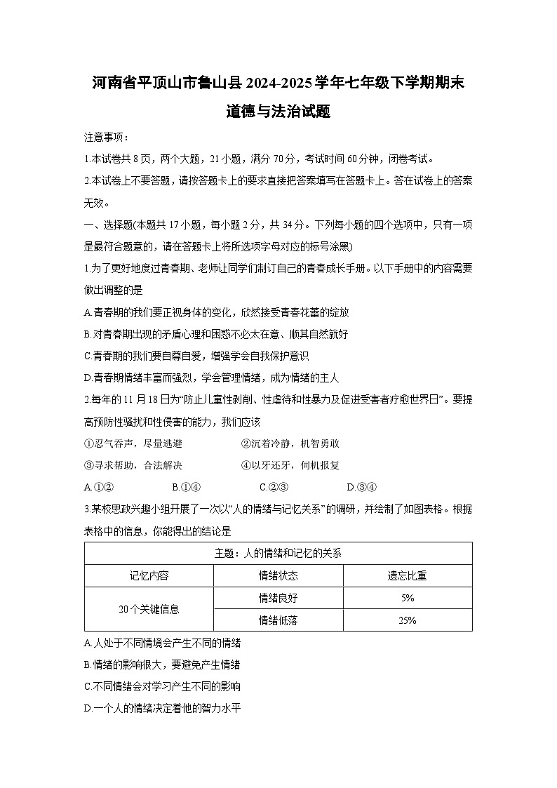 河南省平顶山市鲁山县2024-2025学年七年级下学期期末道德与法治试卷第1页